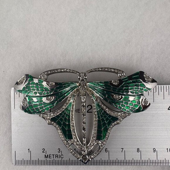 Kenneth Jay Lane Green Enamel Rhinestone Dragonfly Brooch Pin Silver Tone Elegan - Picture 4 of 5